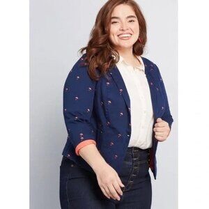 Modcloth Embroidered Blazer Jacket  Navy Orange Umbrellas Novelty Womens Plus 22